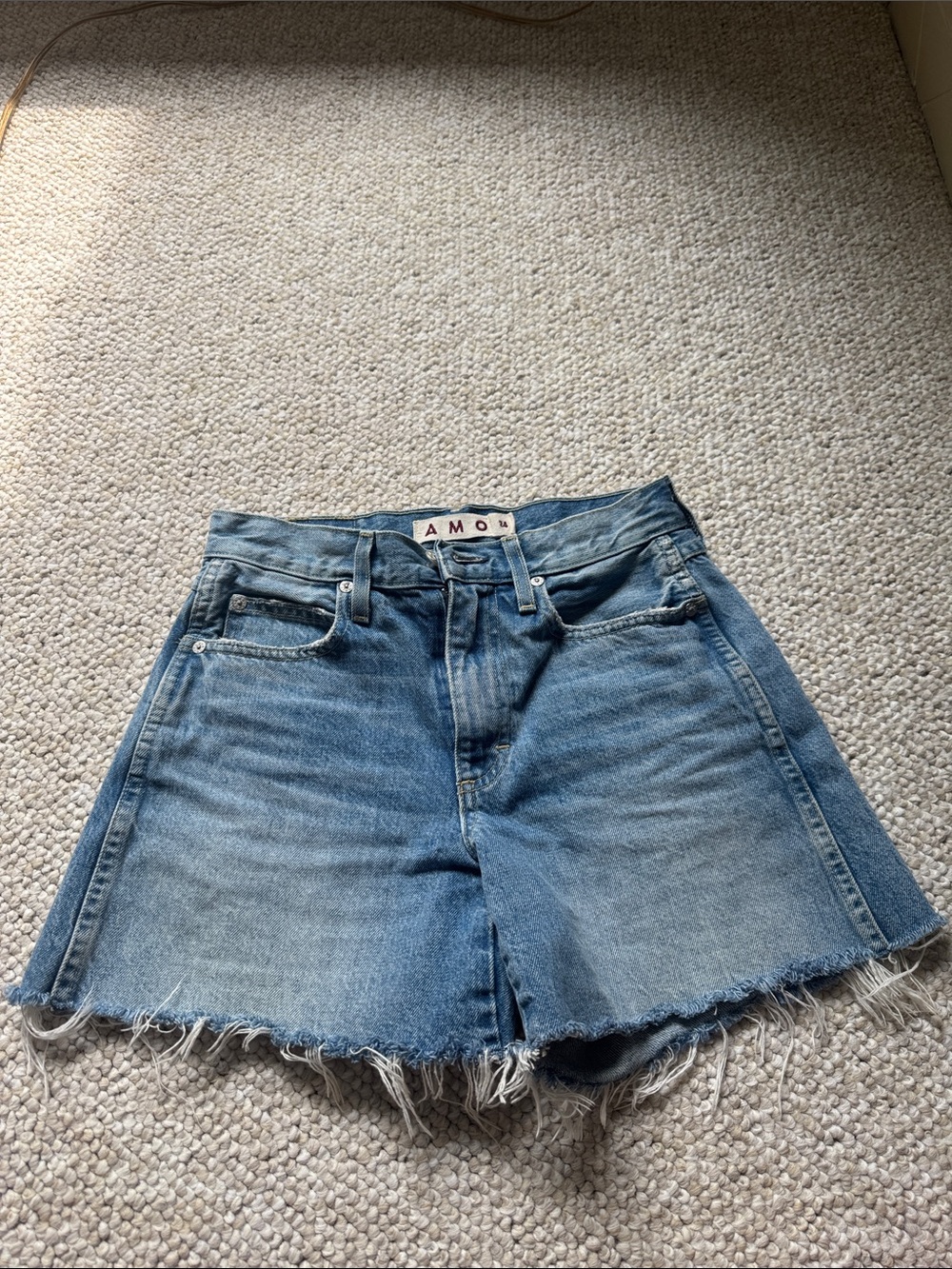 AMO High-Rise Light Blue Frayed Denim Shorts